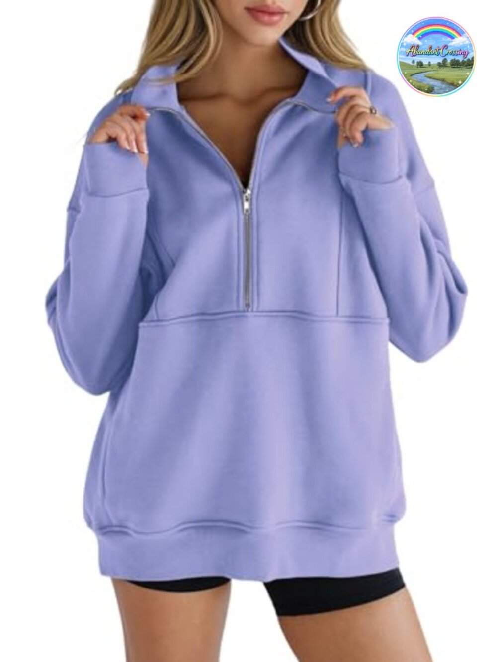 Fleece Half Zip Sweatshirt Stand Collar Thumb Hole Oversized Pullover